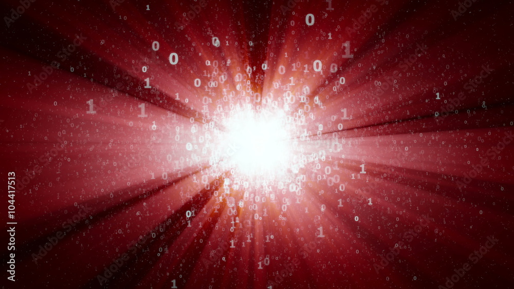 Poster digital binary sun in cyberspace, abstract bright digital star with red rays - seamless loop