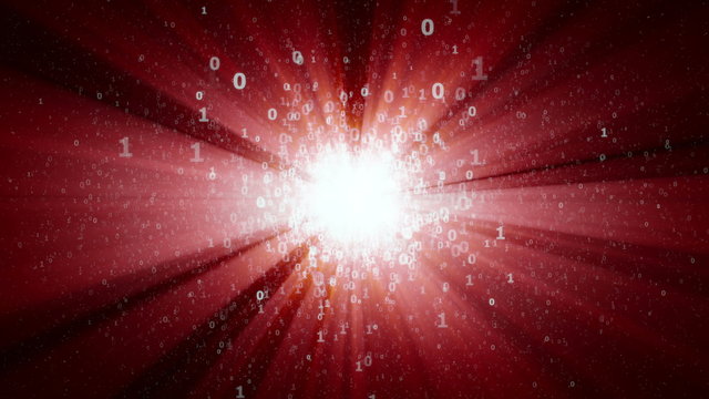 digital binary Sun in cyberspace, abstract bright digital star with red rays - seamless loop 