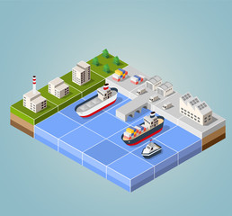 Seaport with the marina. Cargo ships in perspective. Set design for the ships.