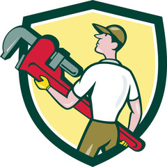 Plumber Carry Monkey Wrench Walking Crest Cartoon