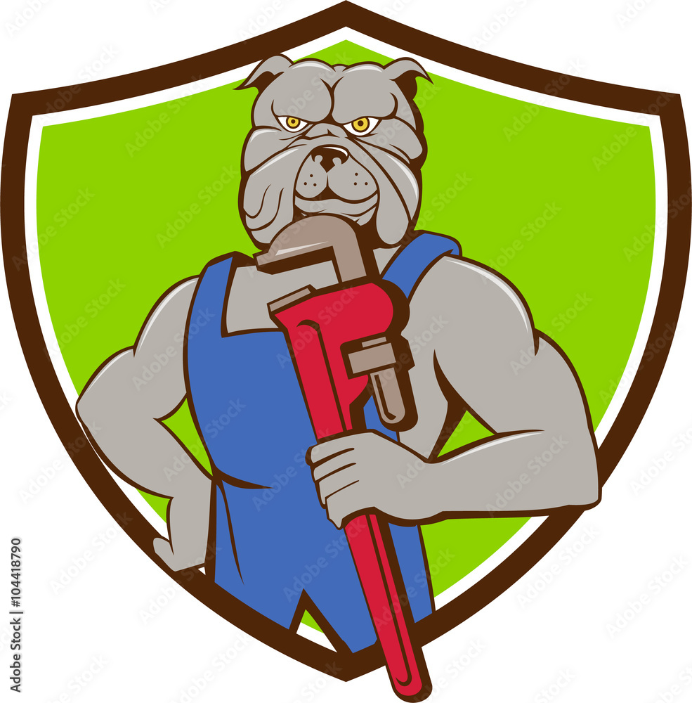 Wall mural bulldog plumber monkey wrench crest cartoon