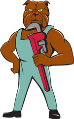 Bulldog Plumber Monkey Wrench Standing Cartoon