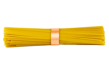 Spaghetti tied with a ribbon on a white background