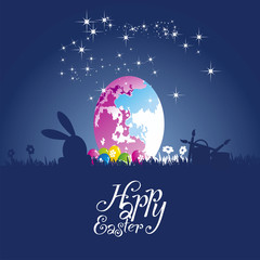 Easter rabbit moon colored egg blue background