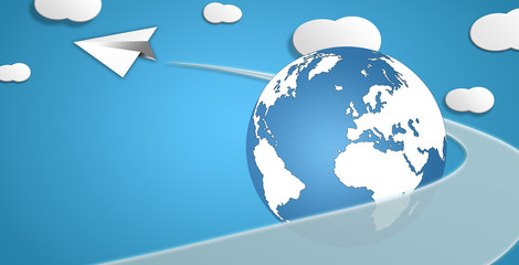 Paper plane with stroke and globe and clouds flying concept