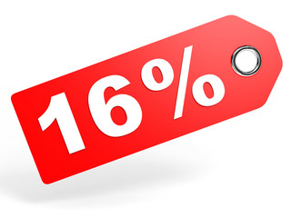 16 percent red discount tag on white background.