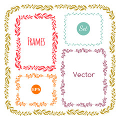 Color hand drawn frames set on white,  Vector elements, floral, leaves