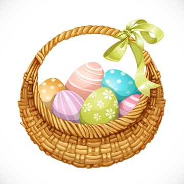 Realistic round wicker basket with Easter eggs isolated on white