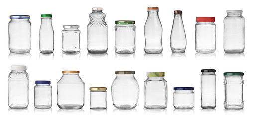 Set of empty jars with caps isolated on white background