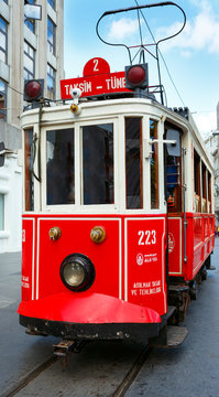 Red retro tram on Taksim Istiklal Street