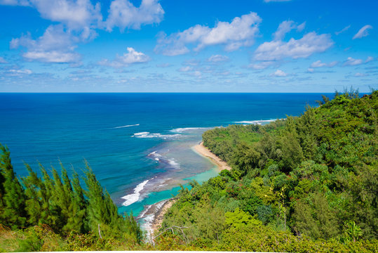 Panoramic view of the famous Kee Beach in Kauai, Hawaii, United