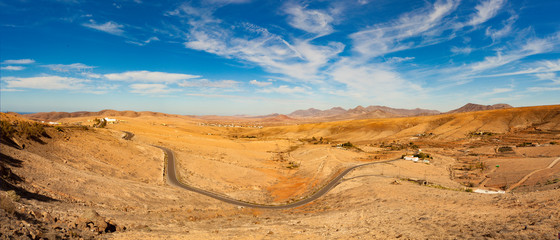 Panorama of a volcanic landscape, Fuerteventura, Canary Islands, Spain