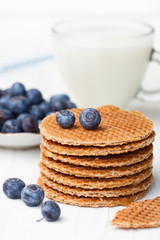 Fototapeta na wymiar Stack of Dutch caramel waffles with blueberry and cup of milk
