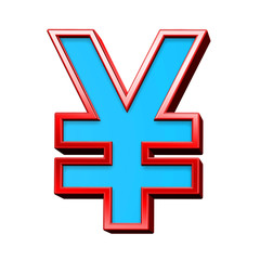 Obraz premium Yen sign from blue glass with red frame alphabet set, isolated on white. Computer generated 3D photo rendering.