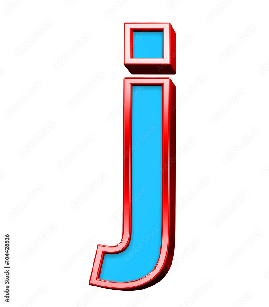 Fototapete One lower case letter from blue glass with red frame alphabet set, isolated on white. Computer generated 3D photo rendering.