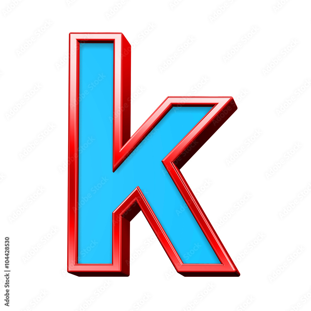 Fototapete One lower case letter from blue glass with red frame alphabet set, isolated on white. Computer generated 3D photo rendering.