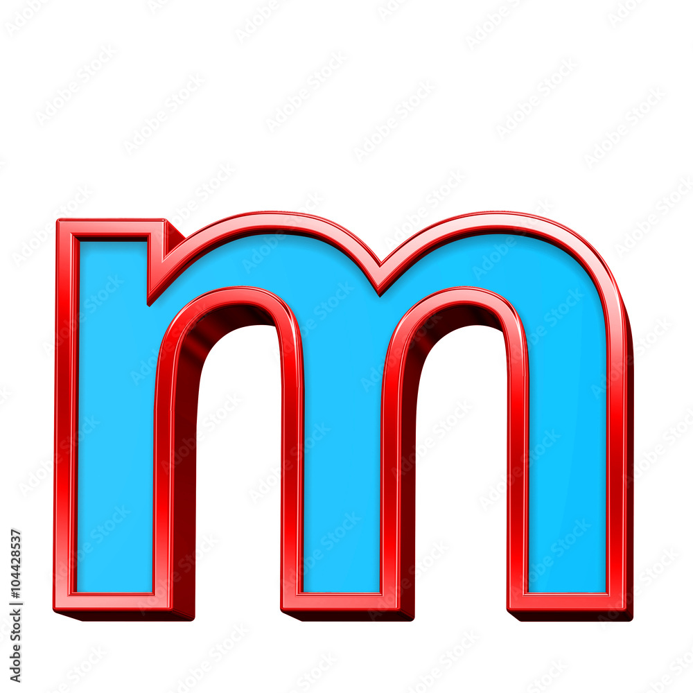 Fototapete one lower case letter from blue glass with red frame alphabet set, isolated on white. computer gener