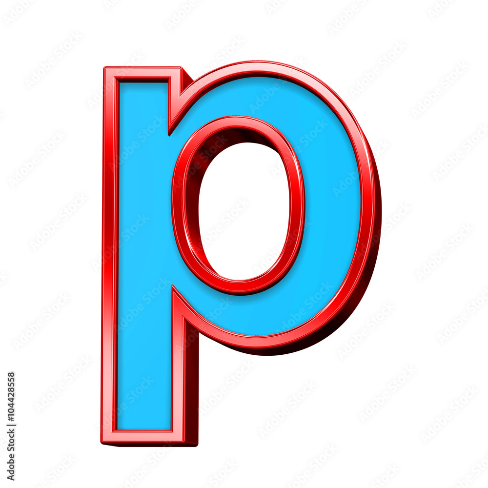 Fototapete one lower case letter from blue glass with red frame alphabet set, isolated on white. computer gener