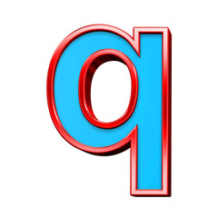 One lower case letter from blue glass with red frame alphabet set, isolated on white. Computer generated 3D photo rendering.
