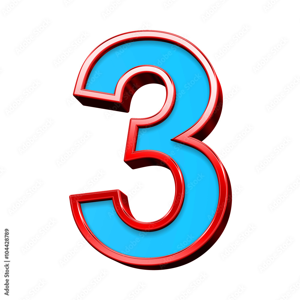 Fototapete one digit from blue glass with red frame alphabet set, isolated on white. computer generated 3d phot