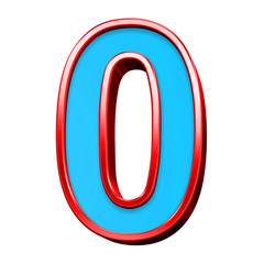 One digit from blue glass with red frame alphabet set, isolated on white. Computer generated 3D photo rendering.