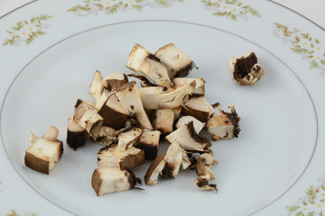 Chopped portabello mushrooms on plate