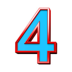 One digit from blue glass with red frame alphabet set, isolated on white. Computer generated 3D photo rendering.