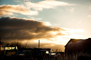 Dramatic sky above village.