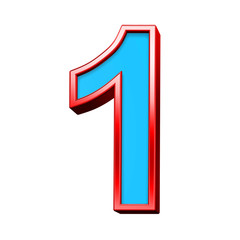 One digit from blue glass with red frame alphabet set, isolated on white. Computer generated 3D photo rendering.