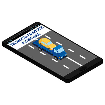 technical roadside assistance on the mobile phone screen. Tow truck, car, road