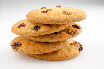 Confectionery theme. Cookies with raisins on a white background. Closeup