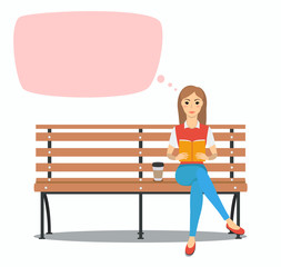 Young woman reading book on the bench.  Rest and outdoor quiet time. Vector illustration. Speech bubbles
