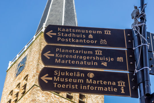 Tourist sign in front of the Martini church in Franeker