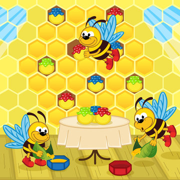 bees make honey in the hive - vector illustration, eps