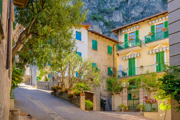 Fototapeta premium Picturesque small town street view in Limone, Lake Garda Italy.