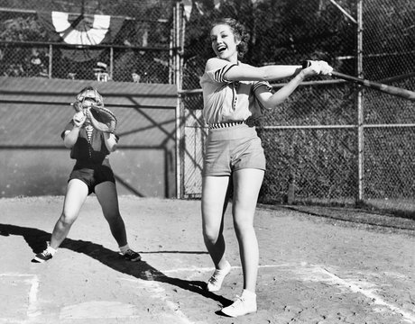 Two Women Playing Baseball 