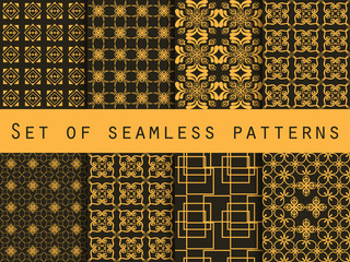 Set of seamless patterns. Geometric patterns. Black and yellow color. For wallpaper, bed linen, tiles, fabrics, backgrounds. Vector illustration