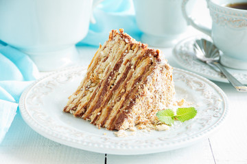 Napoleon cake with chocolate cream.