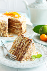 Napoleon cake with chocolate cream.