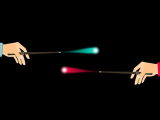 Fototapeta premium Magic wand. Hand holding a wand on a black background. Magical flash. Vector illustration.