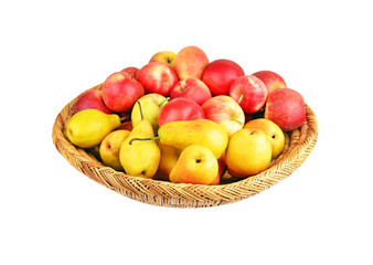 Apple and pear in a wattled basket