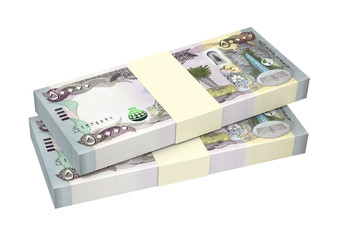 Iraqi dinars bills isolated on white background. Computer generated 3D photo rendering.