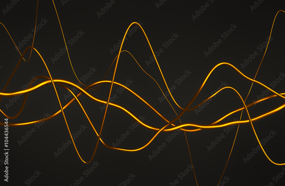 Poster abstract 3d rendering of glossy wavy lines. dark background with surreal waves in empty space. futur