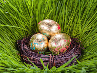 Golden Easter eggs in the nest on green grass of spring.