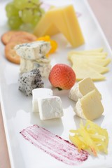 Assorted cheese and fruits on a white plate