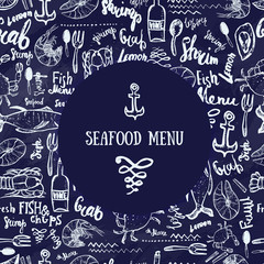 Vector vintage seafood menu design. Hand seafood menu banner. Great for seafood menu flyer, card, seafood menu business promote.