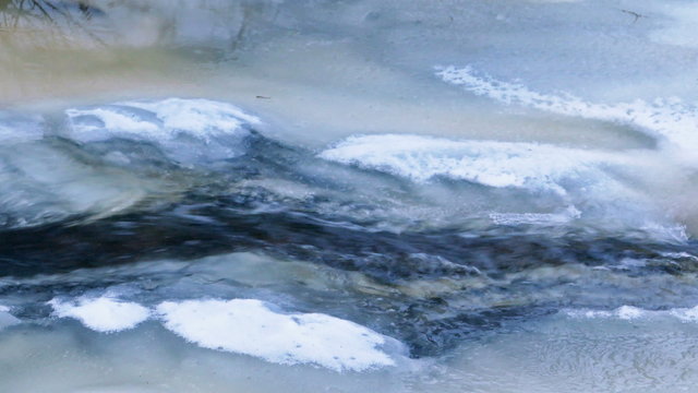 River stream with floating ice in 4K