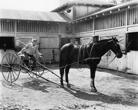 Horse racer sitting on the wagon 