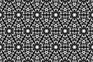 Black-and-white ornament with different elements. 
N