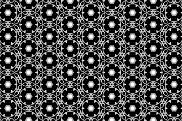 Black-and-white ornament with different elements. 
U